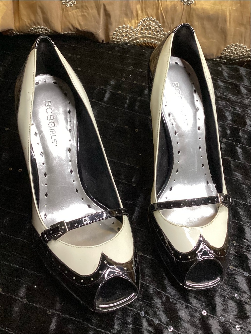 BCBGirls Cream and Black Peep Toe Mary Jane Heels 8M